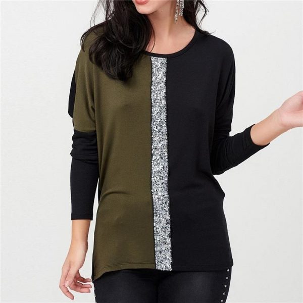 The Best Ladies Tops Off Shoulder Long Sleeve Shirt Sequin Patchwork Tunic Online - Takalr