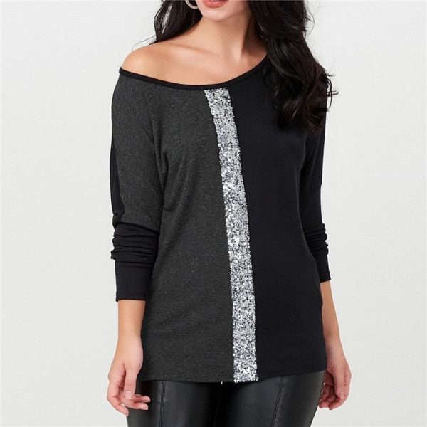 The Best Ladies Tops Off Shoulder Long Sleeve Shirt Sequin Patchwork Tunic Online - Takalr