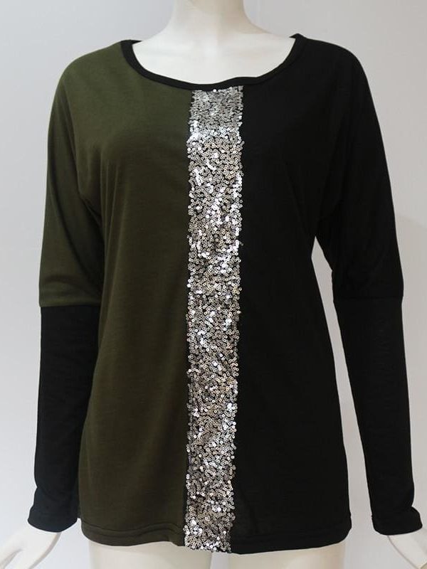 The Best Ladies Tops Off Shoulder Long Sleeve Shirt Sequin Patchwork Tunic Online - Takalr