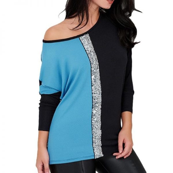 The Best Ladies Tops Off Shoulder Long Sleeve Shirt Sequin Patchwork Tunic Online - Takalr