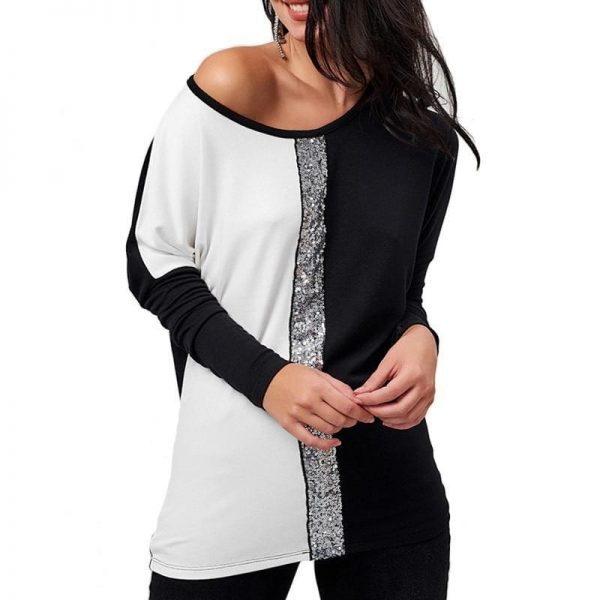 The Best Ladies Tops Off Shoulder Long Sleeve Shirt Sequin Patchwork Tunic Online - Takalr