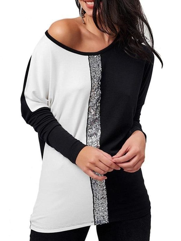 The Best Ladies Tops Off Shoulder Long Sleeve Shirt Sequin Patchwork Tunic Online - Takalr