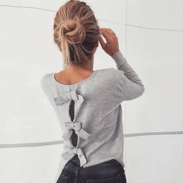 The Best Ladies Women Autumn Bowknot Hollow Long Sleeve Crew Neck Casual Cotton T Shirt Tops Holiday Outwear Streetwear Online - Source Silk