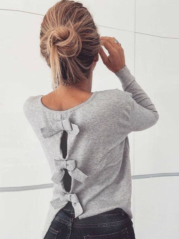 The Best Ladies Women Autumn Bowknot Hollow Long Sleeve Crew Neck Casual Cotton T Shirt Tops Holiday Outwear Streetwear Online - Source Silk