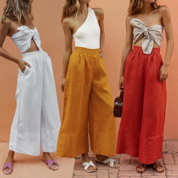 The Best Ladies Women Linen Trousers Wide Leg Casual Summer Holiday Pant Elasticated Waist Bottoms Loose Comfort Trousers Online - Source Silk