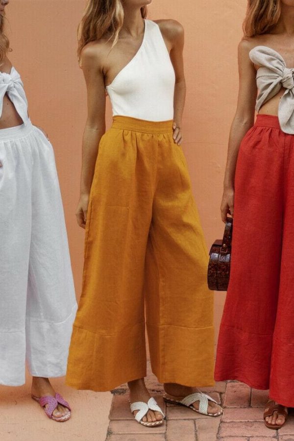 The Best Ladies Women Linen Trousers Wide Leg Casual Summer Holiday Pant Elasticated Waist Bottoms Loose Comfort Trousers Online - Source Silk