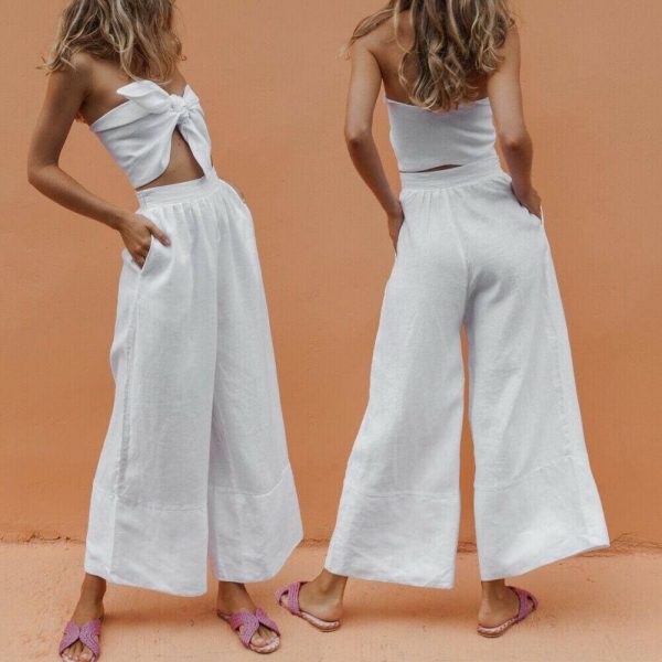 The Best Ladies Women Linen Trousers Wide Leg Casual Summer Holiday Pant Elasticated Waist Bottoms Loose Comfort Trousers Online - Source Silk