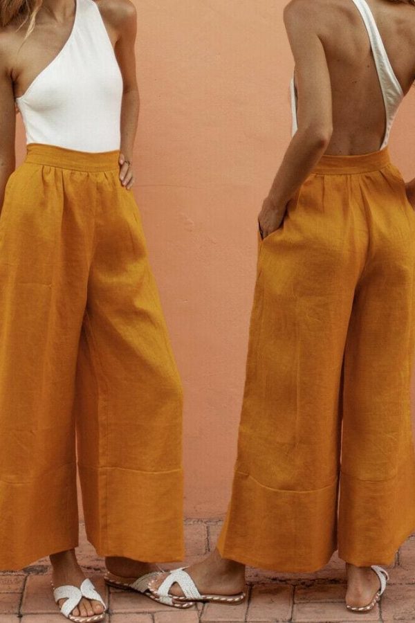 The Best Ladies Women Linen Trousers Wide Leg Casual Summer Holiday Pant Elasticated Waist Bottoms Loose Comfort Trousers Online - Source Silk