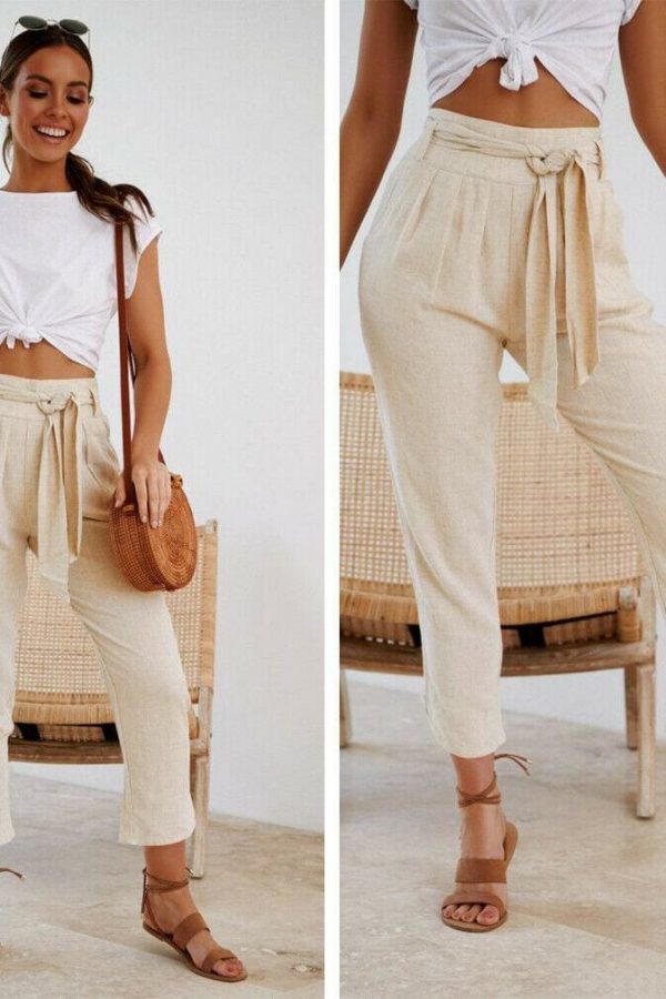 The Best Ladies Women Plain Trouser Casual Summer Holiday Pants 2019 New Fashion Women Tie Up High Waist Slim Bottoms Online - Source Silk