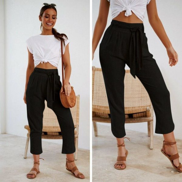 The Best Ladies Women Plain Trouser Casual Summer Holiday Pants 2019 New Fashion Women Tie Up High Waist Slim Bottoms Online - Source Silk