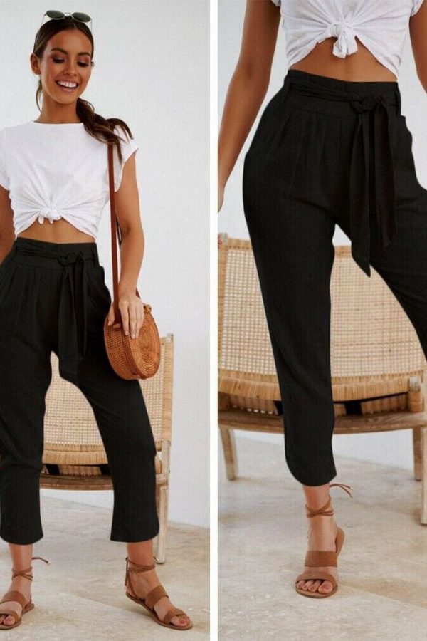 The Best Ladies Women Plain Trouser Casual Summer Holiday Pants 2019 New Fashion Women Tie Up High Waist Slim Bottoms Online - Source Silk