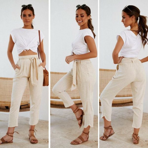 The Best Ladies Women Plain Trouser Casual Summer Holiday Pants 2019 New Fashion Women Tie Up High Waist Slim Bottoms Online - Source Silk