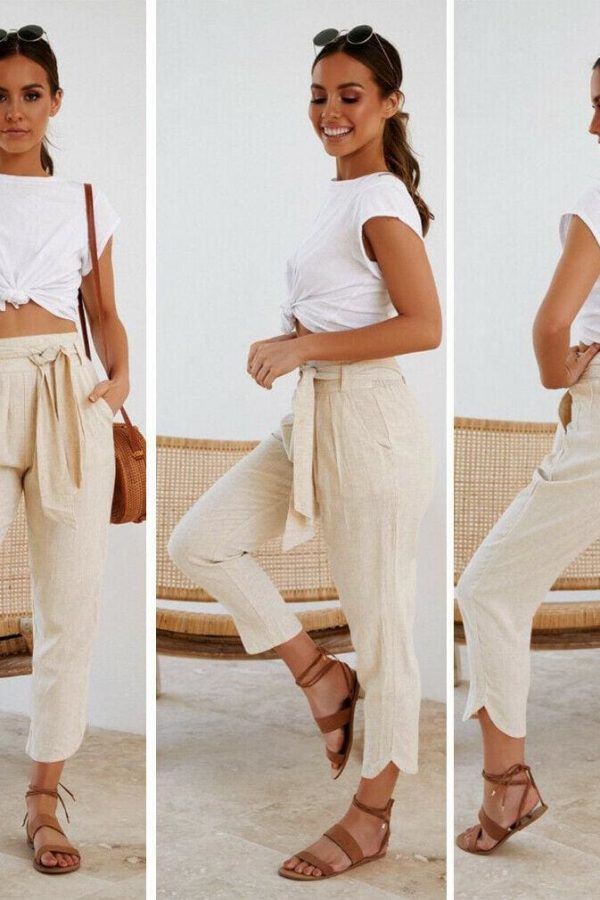 The Best Ladies Women Plain Trouser Casual Summer Holiday Pants 2019 New Fashion Women Tie Up High Waist Slim Bottoms Online - Source Silk