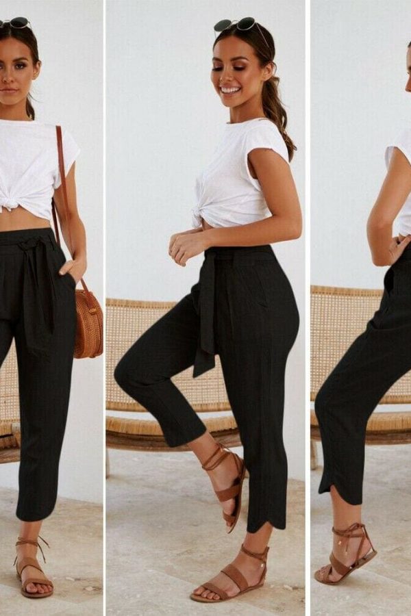 The Best Ladies Women Plain Trouser Casual Summer Holiday Pants 2019 New Fashion Women Tie Up High Waist Slim Bottoms Online - Source Silk