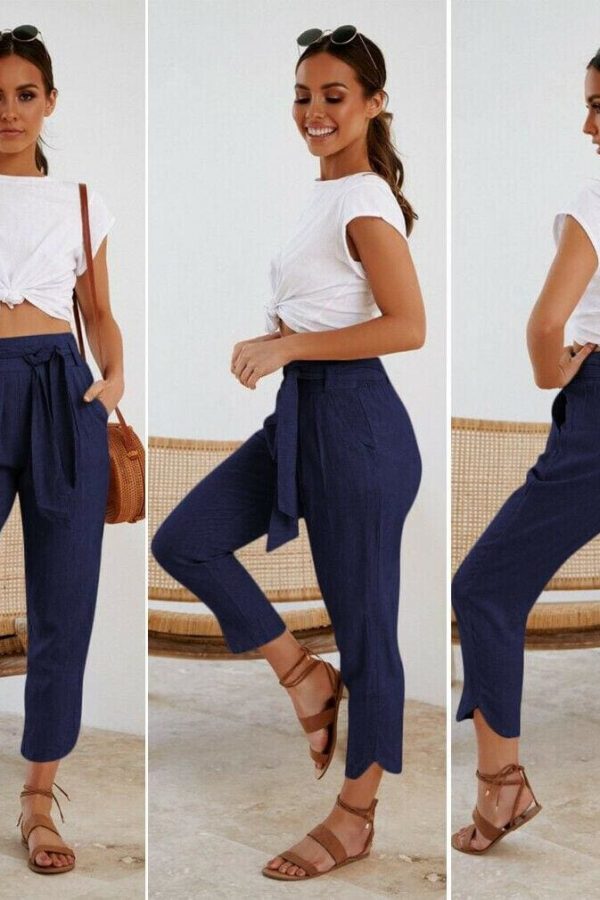 The Best Ladies Women Plain Trouser Casual Summer Holiday Pants 2019 New Fashion Women Tie Up High Waist Slim Bottoms Online - Source Silk