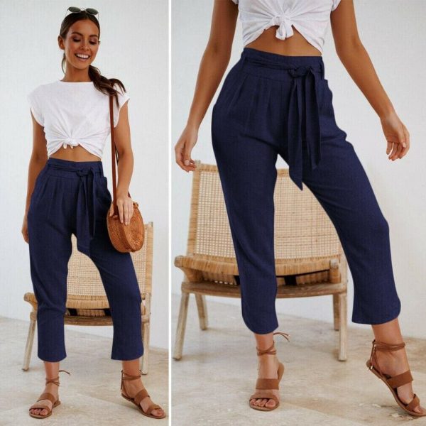 The Best Ladies Women Plain Trouser Casual Summer Holiday Pants 2019 New Fashion Women Tie Up High Waist Slim Bottoms Online - Source Silk