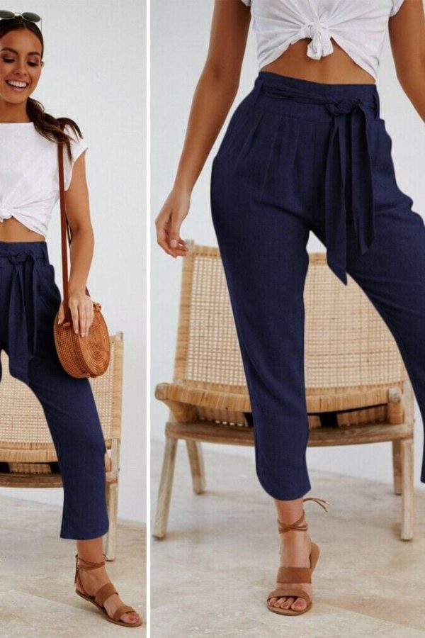 The Best Ladies Women Plain Trouser Casual Summer Holiday Pants 2019 New Fashion Women Tie Up High Waist Slim Bottoms Online - Source Silk