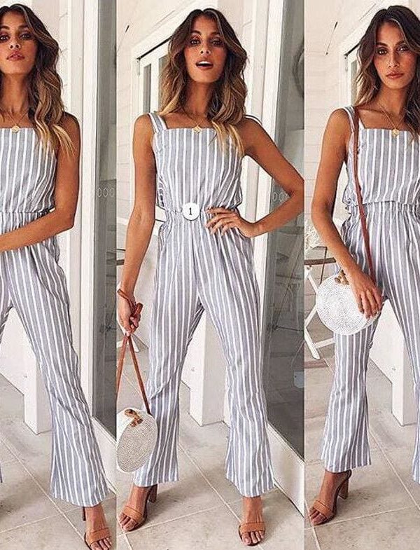 The Best Ladies Women Summer Striped Bodycon Jumpsuit Sleeveless Clubwear Wide Leg Backless Pant Summer Outfits V-neck Long Trousers Online - Source Silk