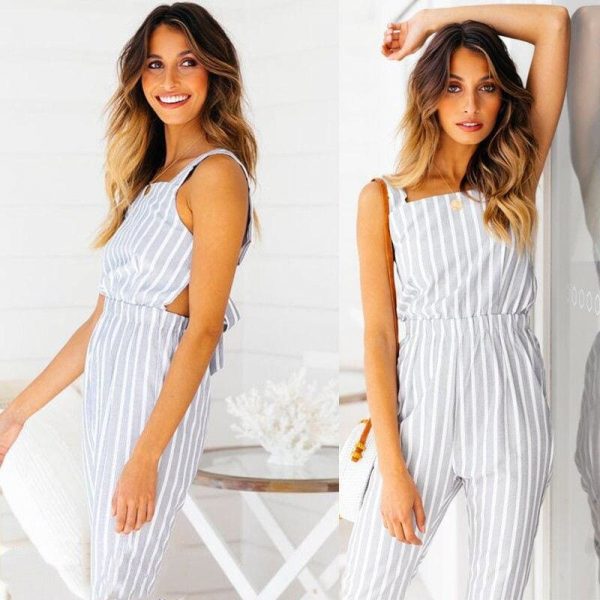 The Best Ladies Women Summer Striped Bodycon Jumpsuit Sleeveless Clubwear Wide Leg Backless Pant Summer Outfits V-neck Long Trousers Online - Source Silk