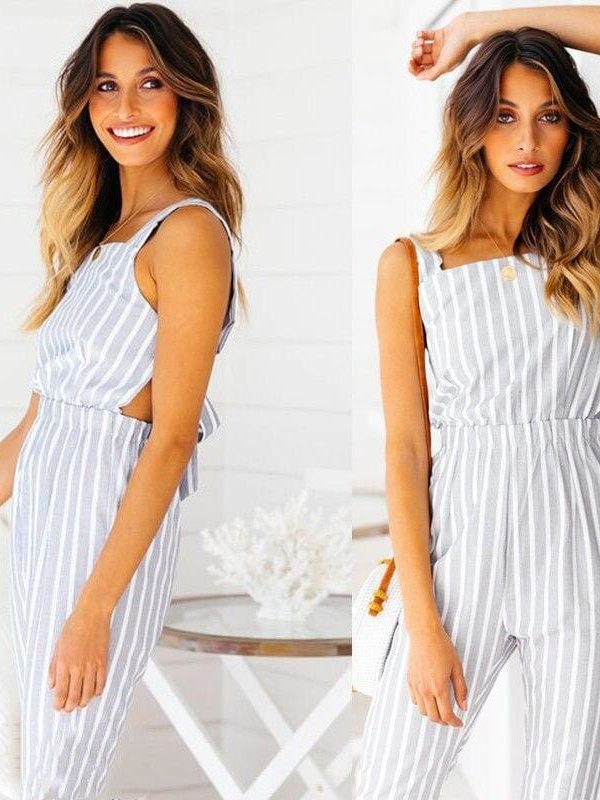 The Best Ladies Women Summer Striped Bodycon Jumpsuit Sleeveless Clubwear Wide Leg Backless Pant Summer Outfits V-neck Long Trousers Online - Source Silk