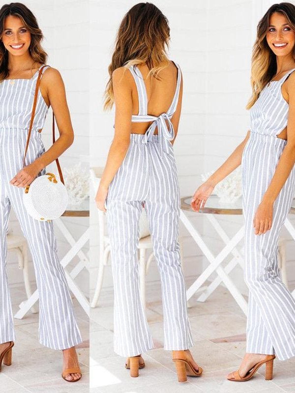 The Best Ladies Women Summer Striped Bodycon Jumpsuit Sleeveless Clubwear Wide Leg Backless Pant Summer Outfits V-neck Long Trousers Online - Source Silk