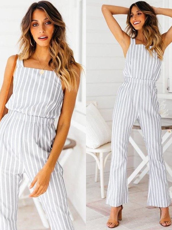 The Best Ladies Women Summer Striped Bodycon Jumpsuit Sleeveless Clubwear Wide Leg Backless Pant Summer Outfits V-neck Long Trousers Online - Source Silk