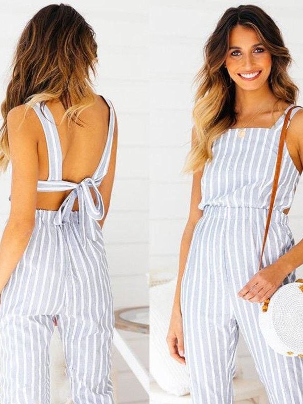 The Best Ladies Women Summer Striped Bodycon Jumpsuit Sleeveless Clubwear Wide Leg Backless Pant Summer Outfits V-neck Long Trousers Online - Source Silk