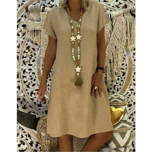 The Best Ladies Women Summer Vestido Short Sleeve T-shirt Dress Solid Cotton Linen Casual Loose Dress Holiday Sundress Online - Source Silk