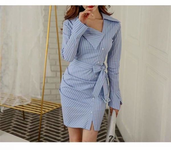 The Best Lady Elegant Striped Short Dress Long Sleeve Pencil Dress Online - Source Silk