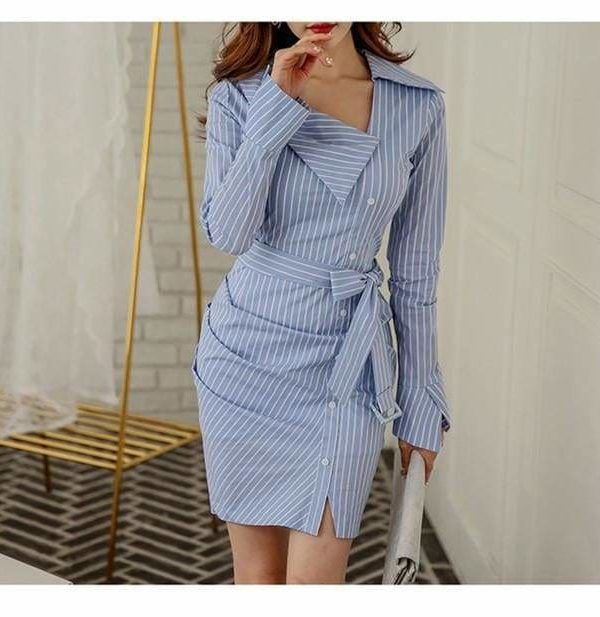 The Best Lady Elegant Striped Short Dress Long Sleeve Pencil Dress Online - Source Silk