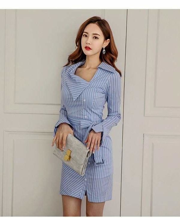 The Best Lady Elegant Striped Short Dress Long Sleeve Pencil Dress Online - Source Silk