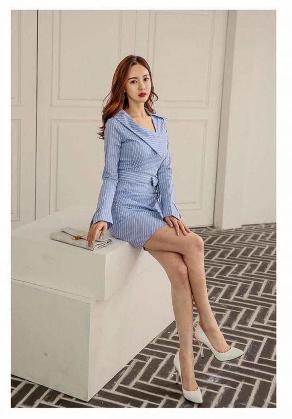 The Best Lady Elegant Striped Short Dress Long Sleeve Pencil Dress Online - Source Silk