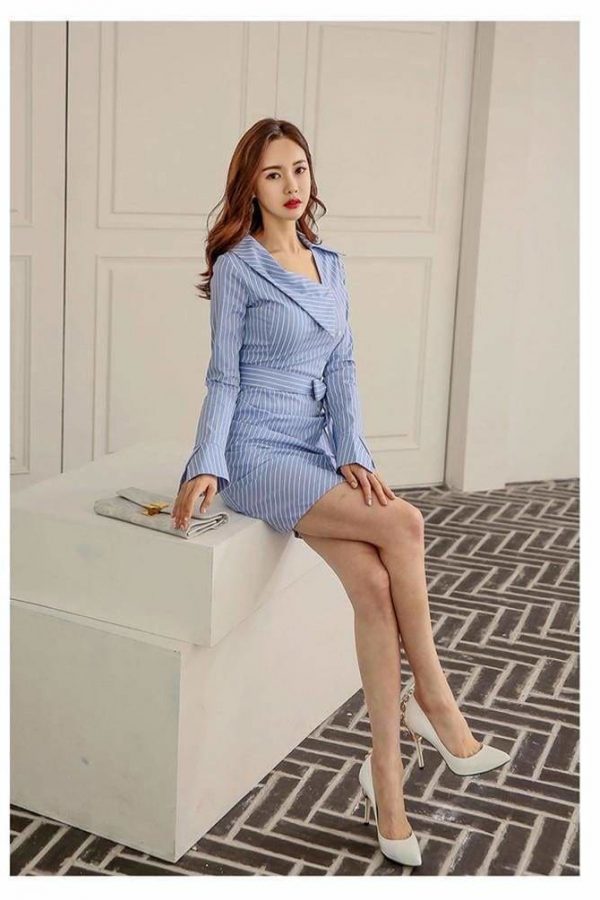 The Best Lady Elegant Striped Short Dress Long Sleeve Pencil Dress Online - Source Silk