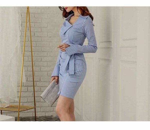 The Best Lady Elegant Striped Short Dress Long Sleeve Pencil Dress Online - Source Silk