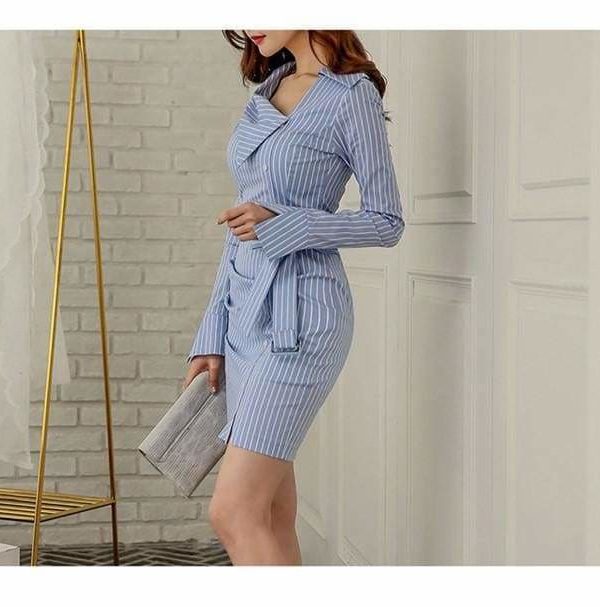 The Best Lady Elegant Striped Short Dress Long Sleeve Pencil Dress Online - Source Silk