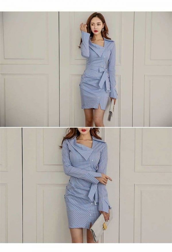 The Best Lady Elegant Striped Short Dress Long Sleeve Pencil Dress Online - Source Silk