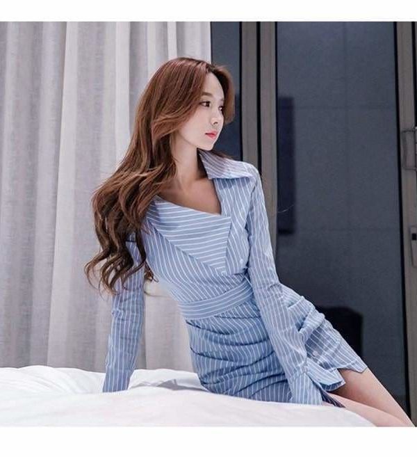 The Best Lady Elegant Striped Short Dress Long Sleeve Pencil Dress Online - Source Silk