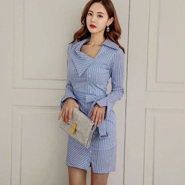 The Best Lady Elegant Striped Short Dress Long Sleeve Pencil Dress Online - Source Silk