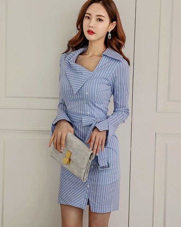 The Best Lady Elegant Striped Short Dress Long Sleeve Pencil Dress Online - Source Silk