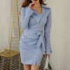 The Best Lady Elegant Striped Short Dress Long Sleeve Pencil Dress Online - Source Silk