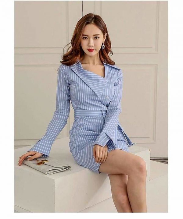 The Best Lady Elegant Striped Short Dress Long Sleeve Pencil Dress Online - Source Silk