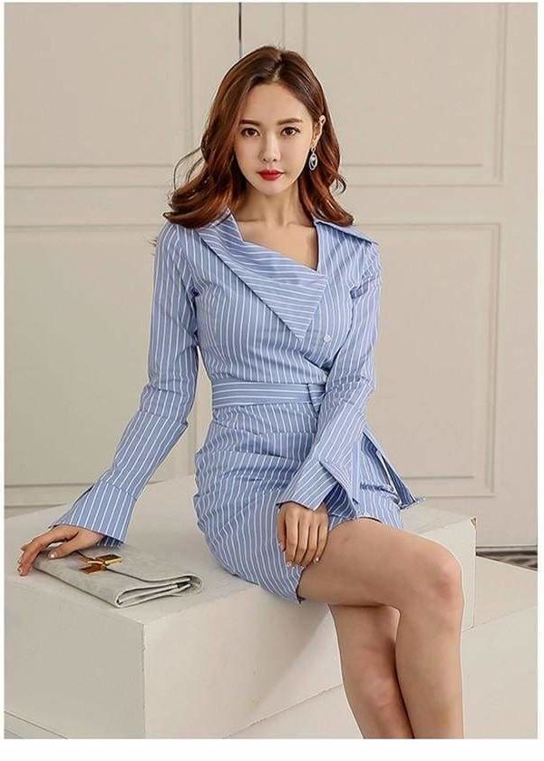 The Best Lady Elegant Striped Short Dress Long Sleeve Pencil Dress Online - Source Silk