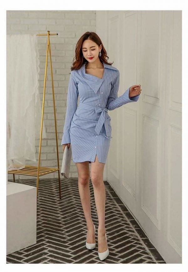 The Best Lady Elegant Striped Short Dress Long Sleeve Pencil Dress Online - Source Silk