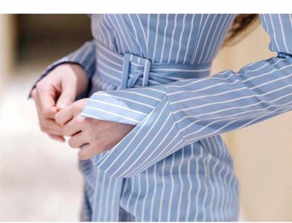 The Best Lady Elegant Striped Short Dress Long Sleeve Pencil Dress Online - Source Silk