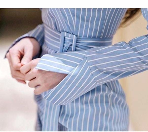 The Best Lady Elegant Striped Short Dress Long Sleeve Pencil Dress Online - Source Silk