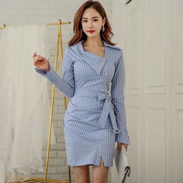 The Best Lady Elegant Striped Short Dress Long Sleeve Pencil Dress Online - Source Silk