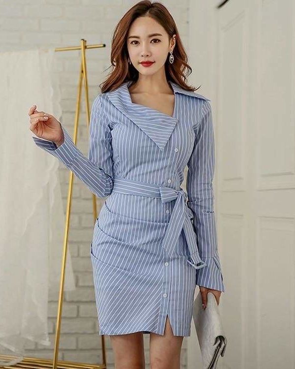 The Best Lady Elegant Striped Short Dress Long Sleeve Pencil Dress Online - Source Silk