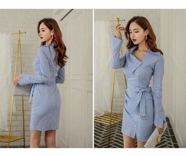 The Best Lady Elegant Striped Short Dress Long Sleeve Pencil Dress Online - Source Silk