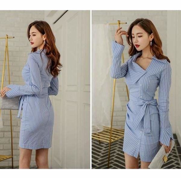 The Best Lady Elegant Striped Short Dress Long Sleeve Pencil Dress Online - Source Silk