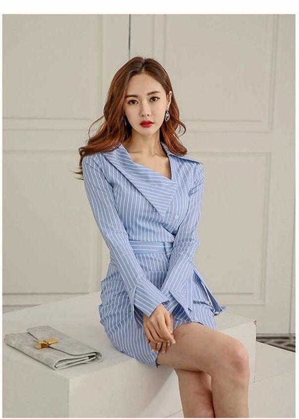 The Best Lady Elegant Striped Short Dress Long Sleeve Pencil Dress Online - Source Silk